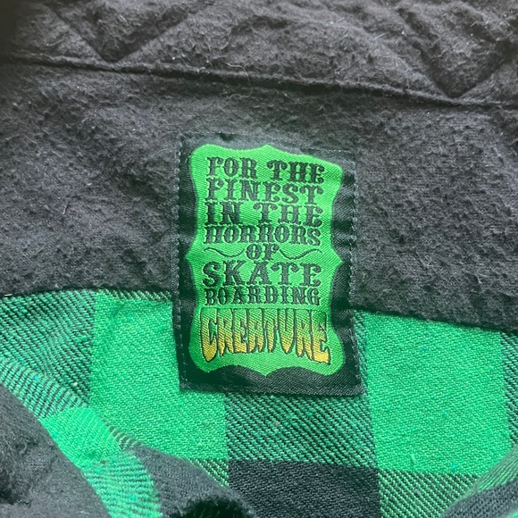 Creature skateboarding Green and Black Plaid Flannel button down Shirt - Picture 2 of 3